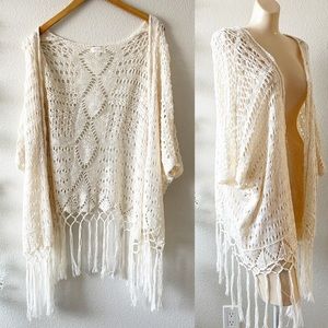 UMGEE Crochet Ivory Knit Fringe Cardigan Sweater Top Cottage Fairycore S/M